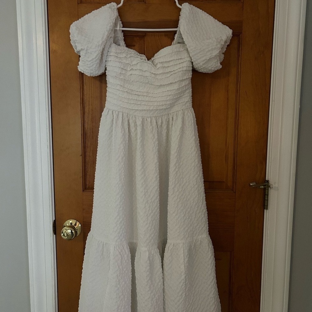 Abercrombie & Fitch White Ruched Puff Sleeve Midi Dress